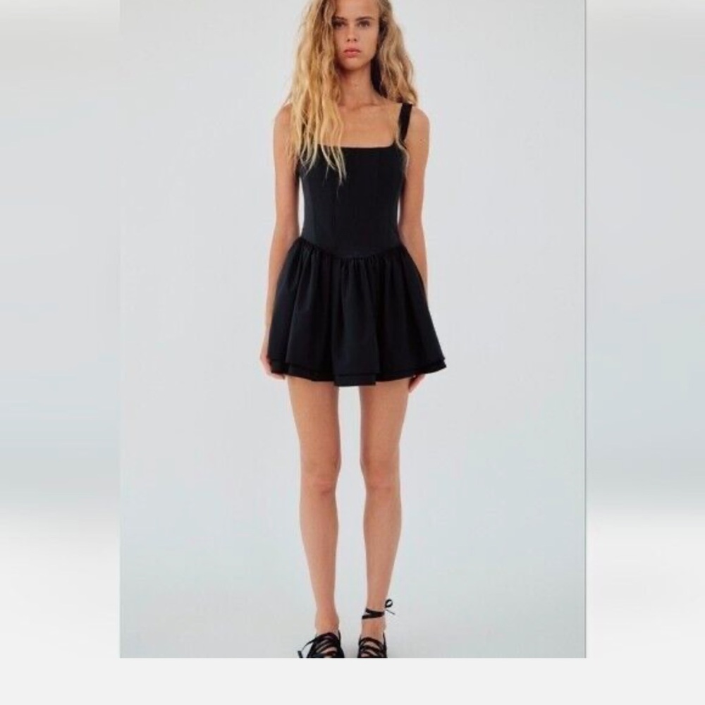 Zara Black Mini Dress with Square Neck and Flared Skirt